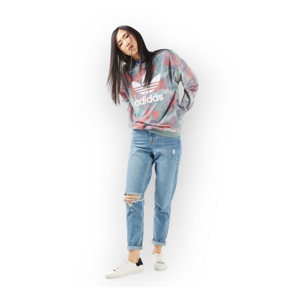 Adidas Pastel Multicolor Camouflage Front Logo Oversized Long Sleeve Sweatshirt - Picture 1 of 16